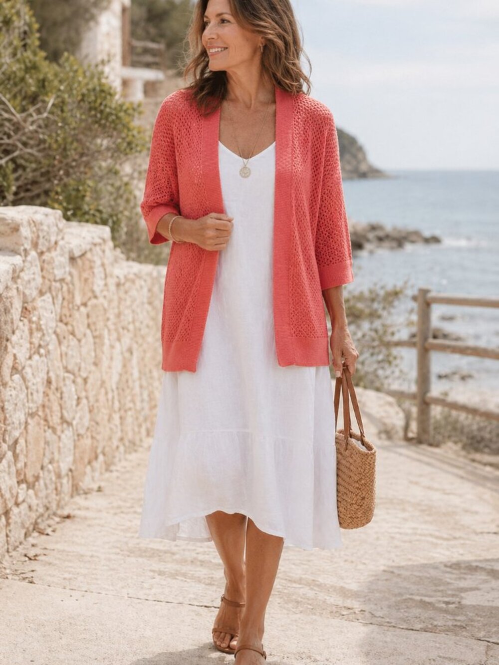 J Jill Open Knit Cardigan Women Small Coral Pink Crochet Lightweight Sweater